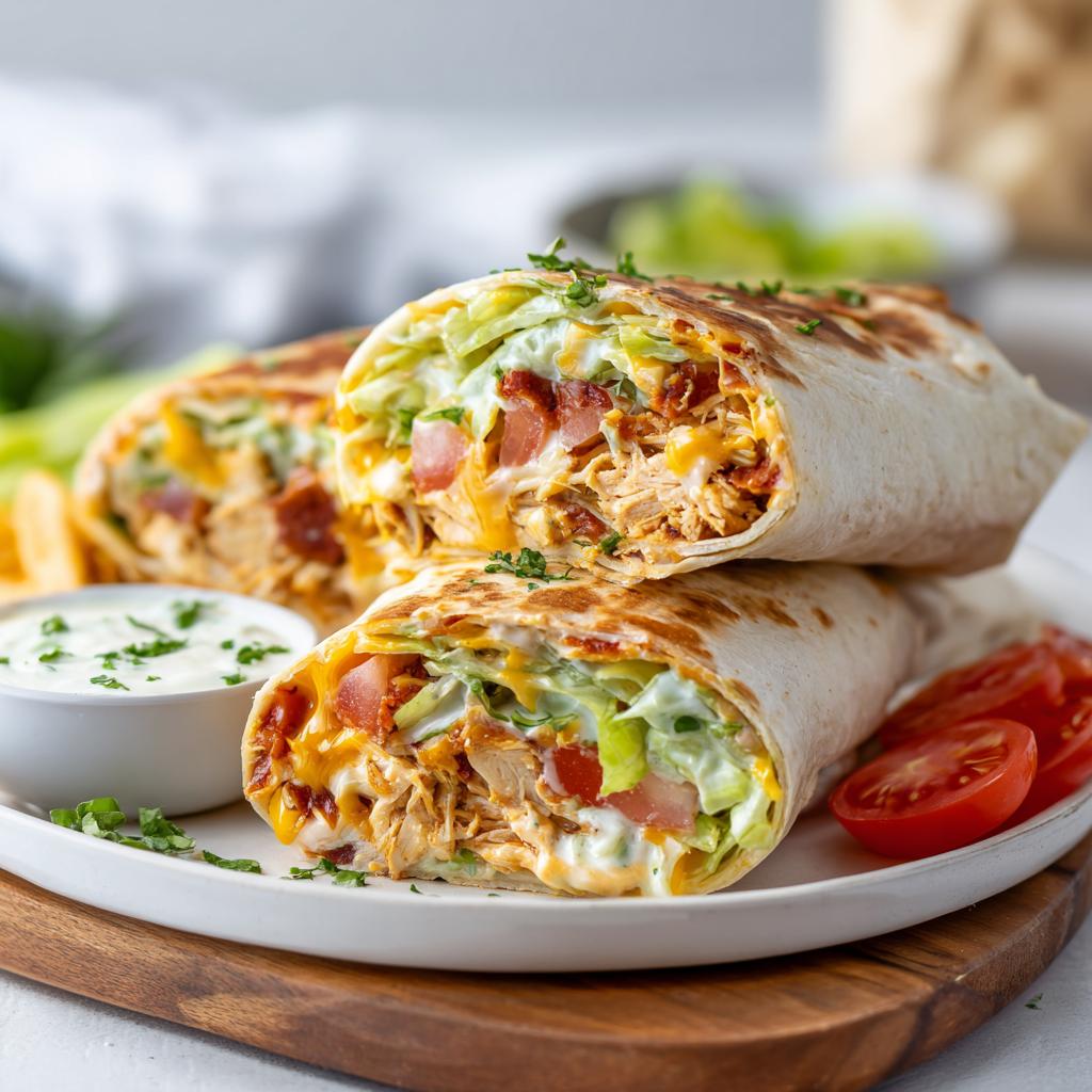 Home 1 Ranch chicken wraps recipe with creamy dressing and fresh veggies